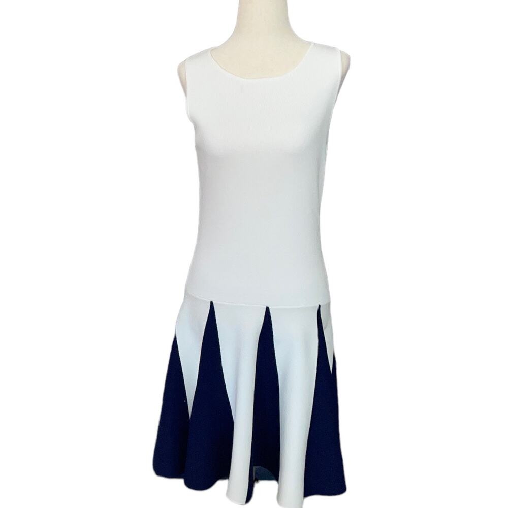 Womens Size Small English Factory White/Blue Sleeveless Knit Dress Ruffle Detail
